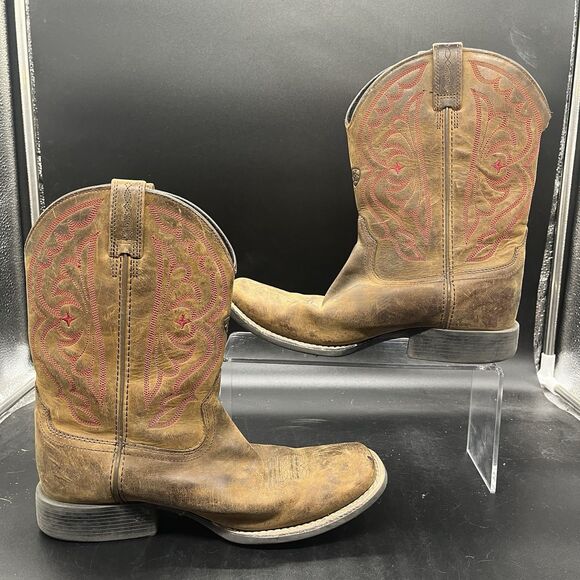 Ariat 10004853 Brown Leather Cowboy Western square toe Boots Shoes Youth Kid's 4 - Picture 1 of 7